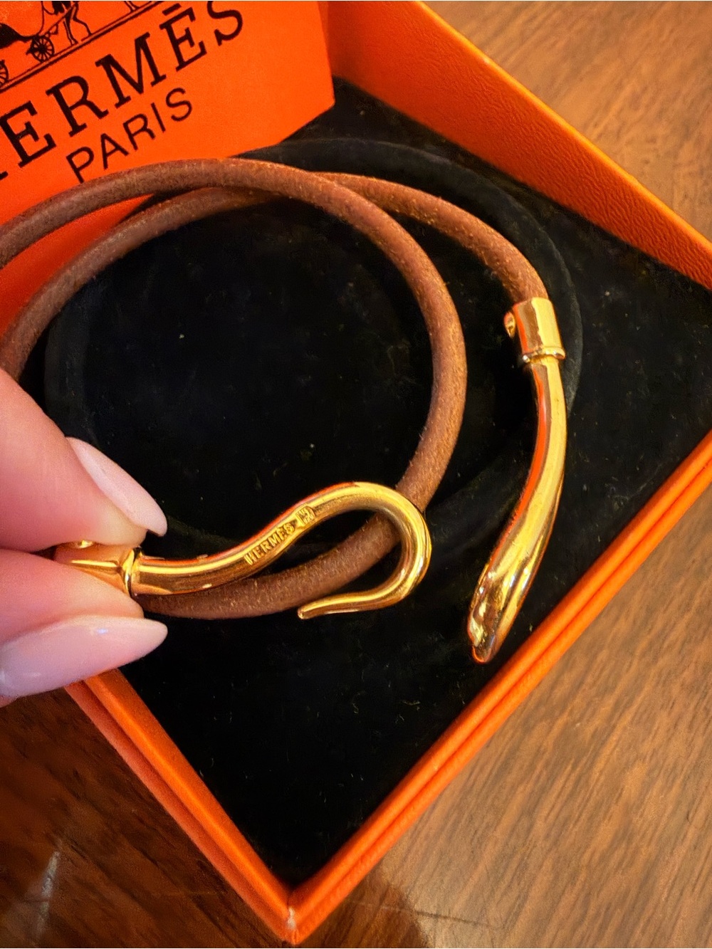Vintage Hermes Brown Leather Double-Wrap Bracelet with Gold-Tone Hook - Picture 3 of 4